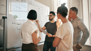 a group of people talking